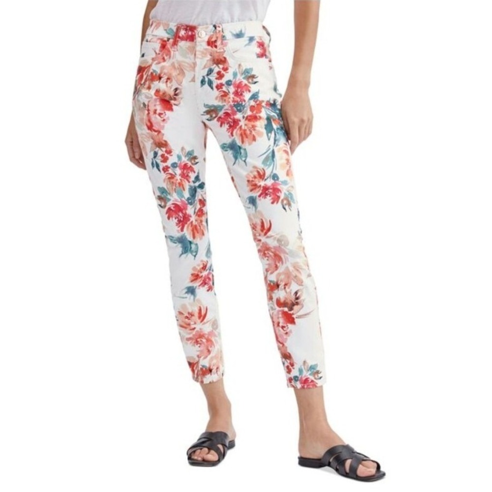Jen7 by 7 For All Mankind Floral Ankle Skinny Jeans Size 0 White Coastal Summer